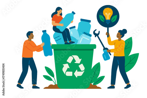People sorting plastic bottles into large recycling bin for sustainability