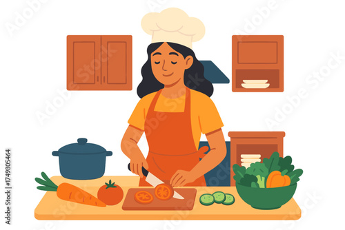 Woman wearing a chef hat and apron cutting fresh vegetables in a kitchen