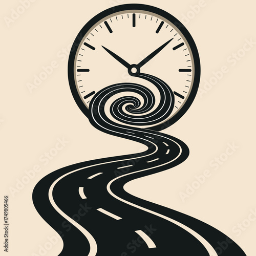 Surreal clock integrated with a swirling road, symbolizing the passage of time