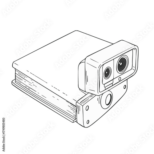 A conceptual line art illustration presents a book with an attached camera, symbolizing the modern convergence of traditional knowledge and digital data capture.