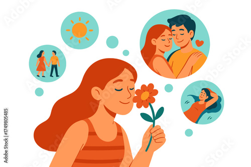 Young woman smelling a flower and visualizing positive memories and future moments