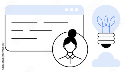 Womans profile beside a web interface and abstract light bulb with sprouting leaves. Ideal for innovation, creativity, user focus, eco-friendly solutions, technology, online interface, simple flat