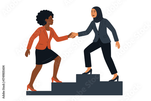 Diverse professional women shaking hands while ascending steps symbolizing career growth