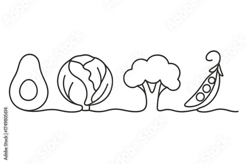 Continuous line art of fresh healthy vegetables: avocado, cabbage, broccoli, and pea pod