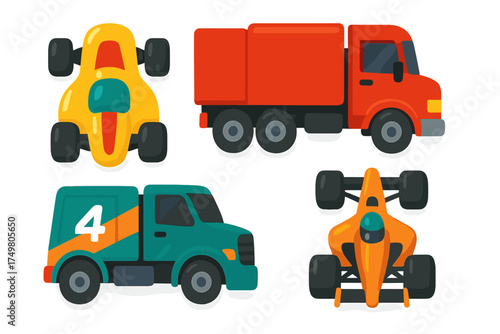 Colorful cartoon race cars and delivery trucks collection viewed from above and side