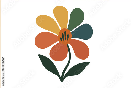 Vibrant abstract flower with large rounded petals in warm and cool colors