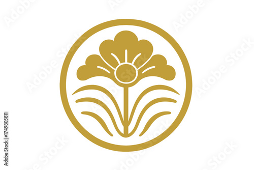 Elegant golden floral emblem design inside a circular frame with traditional ornamental details