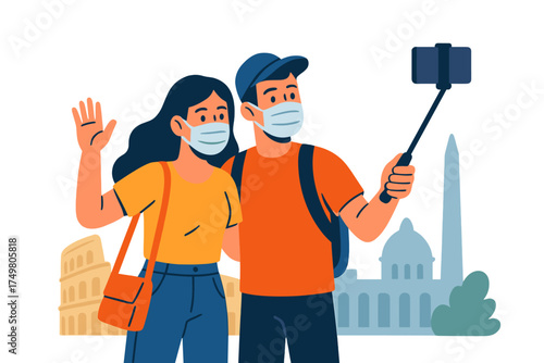 Young couple traveling internationally wearing protective face masks taking a selfie