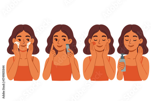 Woman demonstrating four steps of daily facial skincare routine for healthy skin