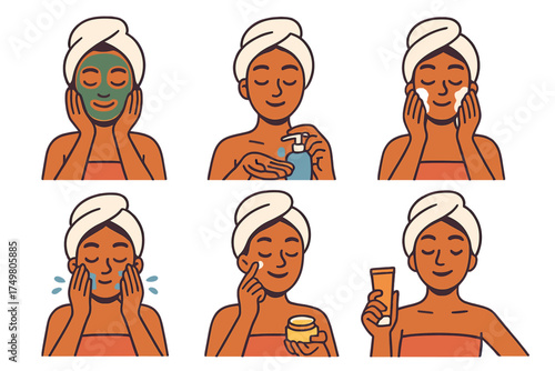 Daily facial skincare routine steps set including cleansing, masking, moisturizing, and applying lotion or cream