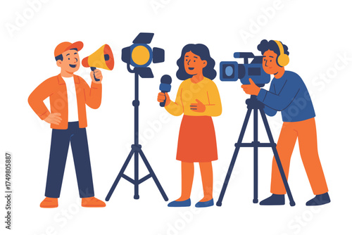 Professional film crew working on a production set with camera, microphone, and spotlight