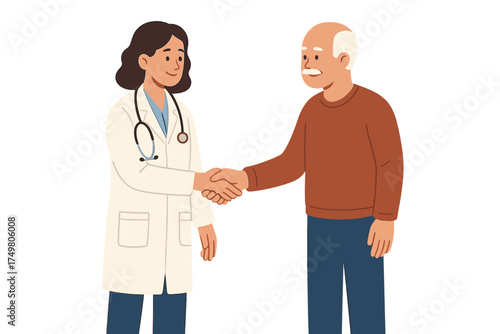 Smiling female physician shaking hands with an older adult patient during consultation