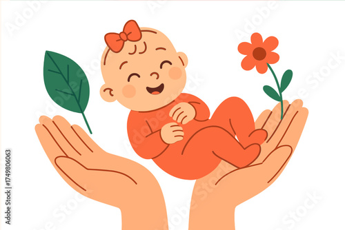 Newborn baby held gently in caring hands with flower and leaf symbolizing protection and growth