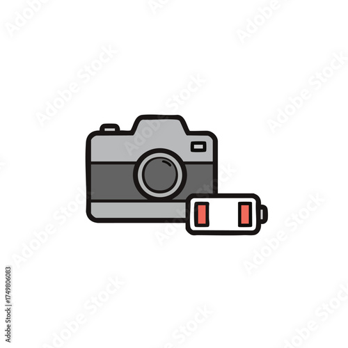 This minimalist vector illustration displays a modern digital camera accompanied by a low battery indicator, symbolizing the need for recharging electronic devices.