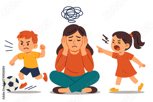 Stressed mother overwhelmed by two misbehaving children fighting and causing chaos