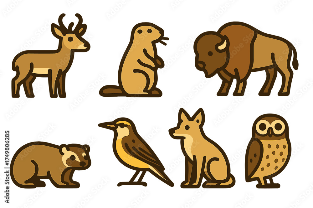 Fototapeta premium Collection of stylized North American prairie and plains wildlife icons including bison, pronghorn, and coyote