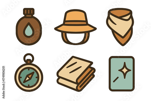 Essential camping and hiking equipment including navigation tools and survival accessories