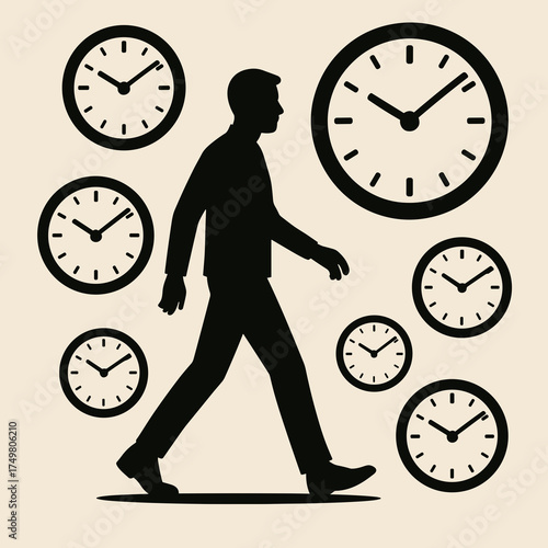 Silhouetted figure walking among floating clocks in a rhythmic design