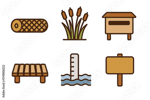 Elements of wetland recreation featuring cattails, wooden log, dock, and water level gauge