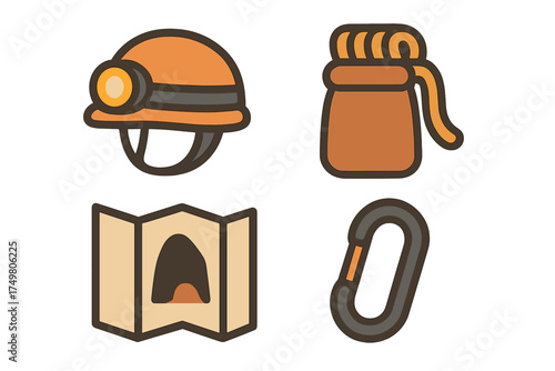 Essential caving and spelunking equipment: helmet, headlamp, rope bag, map, and carabiner