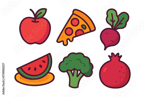 Set of food icons showing healthy fruits and vegetables versus unhealthy pizza slice