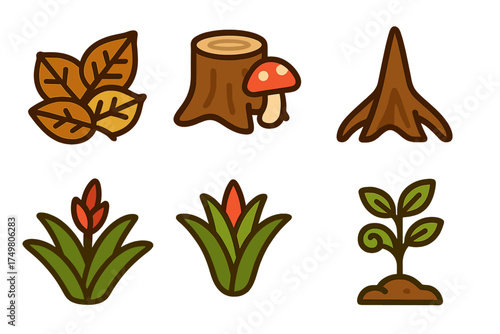 Stylized nature elements set featuring autumn leaves tree stump mushroom roots and plants