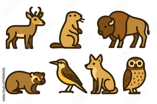 Collection of stylized North American prairie and plains wildlife icons including bison, pronghorn, and coyote