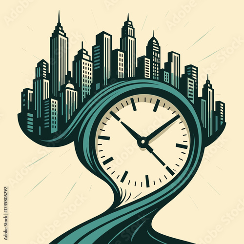 City skyline intertwined with a clock in a flowing design