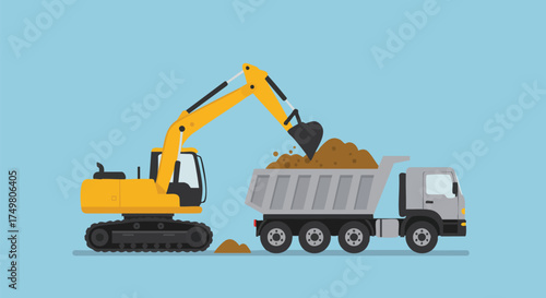 A yellow excavator loads earth into a grey dump truck, illustrating heavy machinery at work in a flat, vector style.