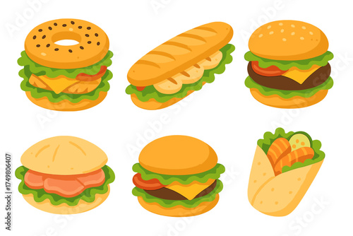 Set of popular fast food items including cheeseburger, submarine sandwich, bagel, and wrap