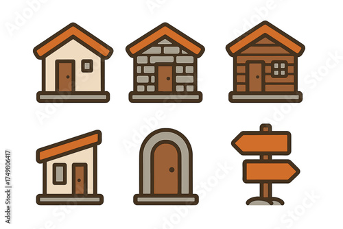 Set of small dwellings including a wooden cabin, stone hut, modern shed, and directional signpost