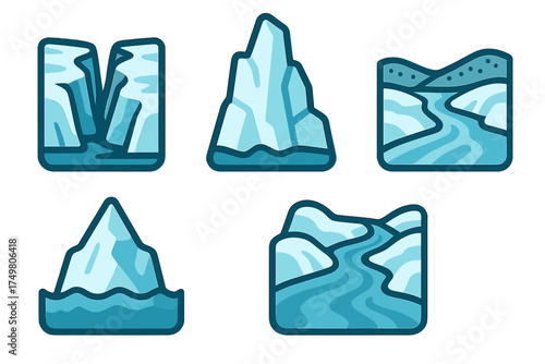 Stylized set of icebergs, glacial formations, and winding river landscapes