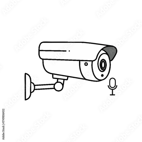 A minimalist hand-drawn illustration depicting a modern security camera with an integrated microphone, symbolizing surveillance, safety, and digital monitoring systems.
