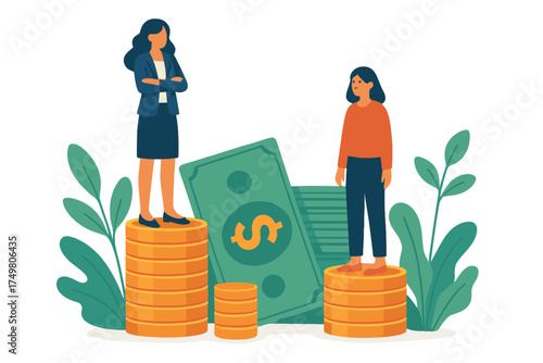 Financial disparity and wealth gap between two women standing on unequal stacks of coins