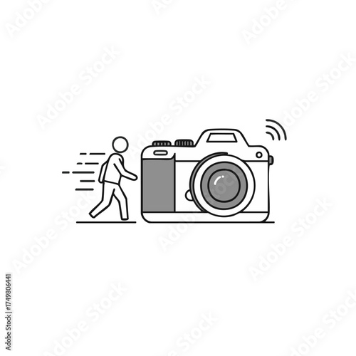 A simple line art illustration depicts a stick figure person quickly running away from a large, modern digital camera with wireless connectivity.