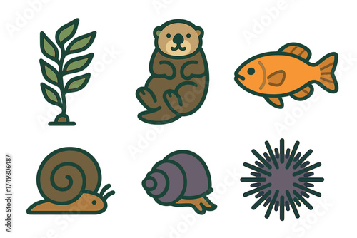 Cute aquatic animals and marine life featuring otter fish snail and sea urchin
