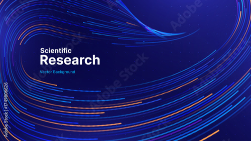 Futuristic Science Research Presentation Background. AI Data Flow Lines on Dark Blue Background. Technology and Tech Business Innovation Theme. Dynamic Abstract Dots Concept. Vector Illustration.