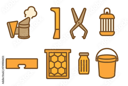 Collection of essential tools and supplies used in beekeeping including smoker, hive frame, and honey jar