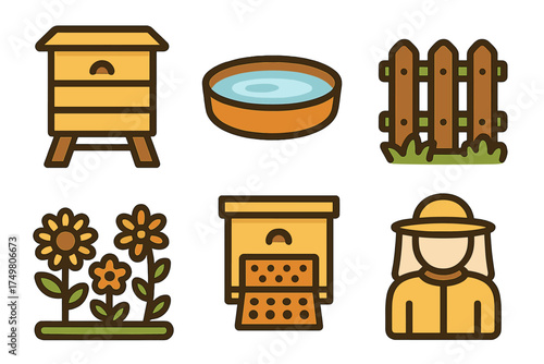 Essential beekeeping and garden items including beehives, protective suit, fence, and flowers