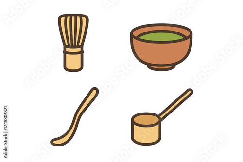 Traditional Japanese matcha tea ceremony tools set including whisk bowl scoop and ladle