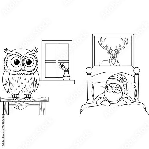 A cute cartoon illustration of Santa Claus sleeping in bed. This coloring page is a fun and educational activity for children, encouraging them to tell holiday stories and imagine.