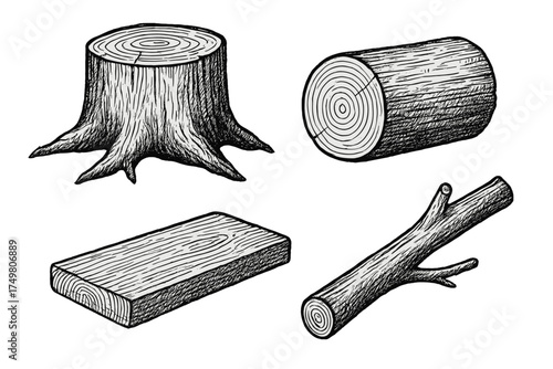 Set of cut wood elements including a tree stump, thick log, rectangular plank, and natural branch