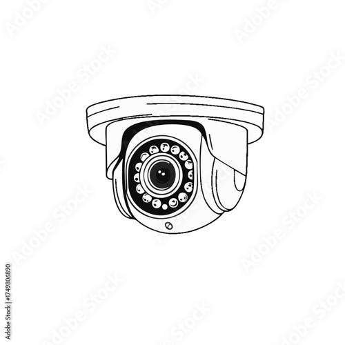 A precise line art illustration of a modern dome security camera, showcasing its lens and infrared LEDs, perfect for surveillance and monitoring systems.