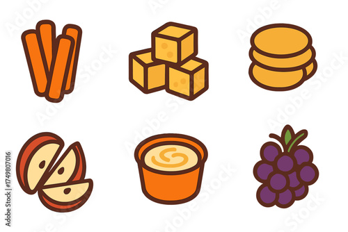 Healthy snack icons set featuring fruit, vegetables, cheese, crackers, and dipping sauce