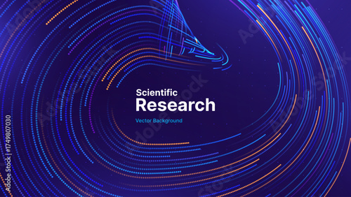 Futuristic Science Research Presentation Background. AI Data Flow Lines on Dark Blue Background. Technology and Tech Business Innovation Theme. Dynamic Abstract Dots Concept. Vector Illustration.