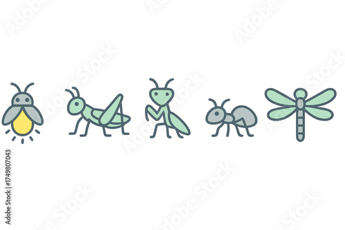 Simple outlined set of common insects including firefly, grasshopper, praying mantis, ant, and dragonfly