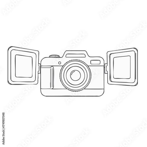 A sleek line art illustration depicts a modern digital camera with two extended screens, symbolizing photography, media, and visual storytelling.