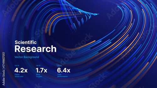Futuristic Science Research Presentation Background. AI Data Flow Lines on Dark Blue Background. Technology and Tech Business Innovation Theme. Dynamic Abstract Dots Concept. Vector Illustration.