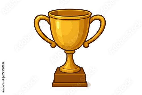 Bright gold award cup with large handles resting on a solid brown base