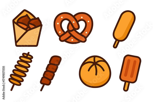 Delicious street food assortment featuring pretzel, corn dog, skewers, roasted chestnuts, and frozen treats